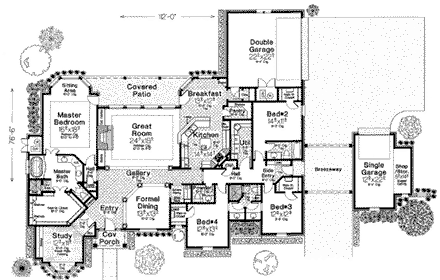 European, One-Story House Plan 66125 with 4 Beds, 4 Baths, 3 Car Garage First Level Plan