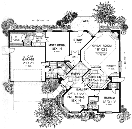One-Story House Plan 66126 with 2 Beds, 3 Baths, 2 Car Garage First Level Plan