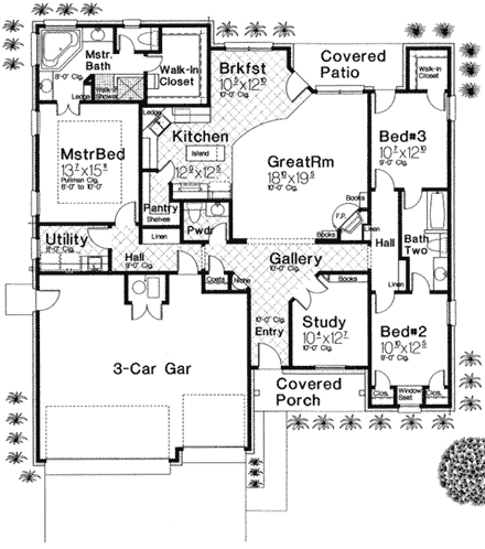 One-Story House Plan 66128 with 3 Beds, 3 Baths, 3 Car Garage First Level Plan