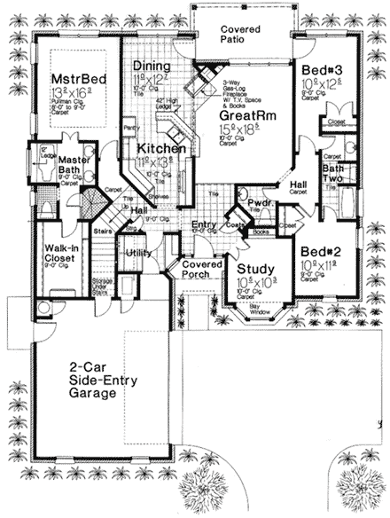 One-Story House Plan 66131 with 3 Beds, 3 Baths, 2 Car Garage First Level Plan