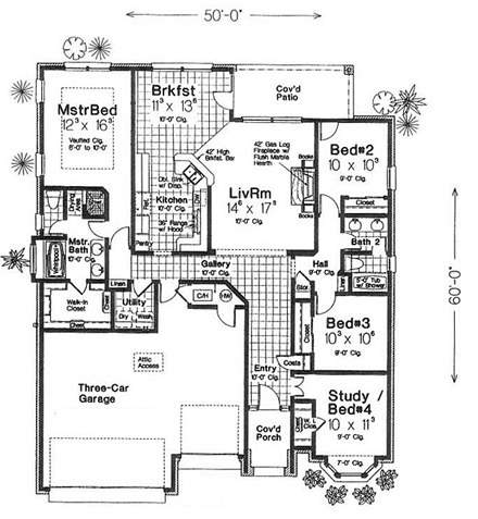 Narrow Lot, One-Story House Plan 66140 with 4 Beds, 2 Baths, 3 Car Garage First Level Plan