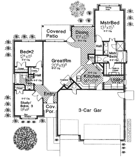 One-Story House Plan 66154 with 3 Beds, 2 Baths, 3 Car Garage First Level Plan
