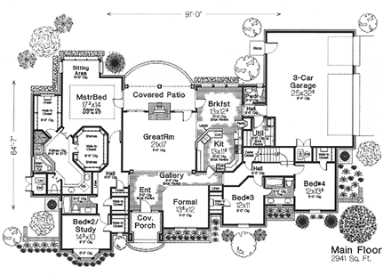 Traditional House Plan 66181 with 4 Beds, 4 Baths, 3 Car Garage First Level Plan