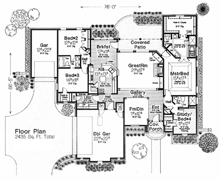 Traditional House Plan 66188 with 4 Beds, 3 Baths, 3 Car Garage First Level Plan