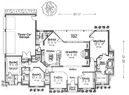 Traditional House Plan 66190 with 3 Beds, 3 Baths, 3 Car Garage First Level Plan