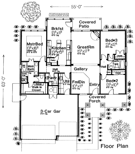 House Plan 66199 with 3 Beds, 3 Baths, 3 Car Garage First Level Plan