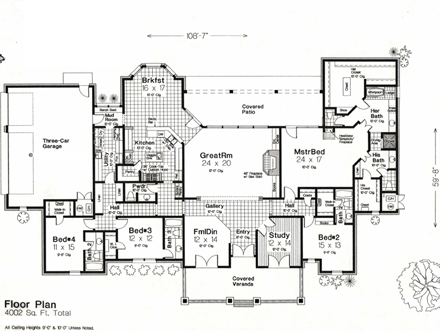 One-Story, Southern House Plan 66214 with 4 Beds, 6 Baths, 3 Car Garage First Level Plan