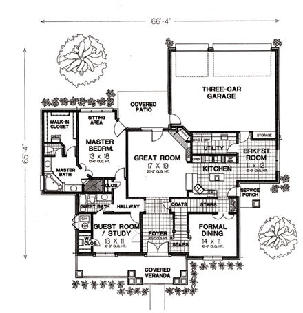 House Plan 66222 with 4 Beds, 4 Baths, 3 Car Garage First Level Plan