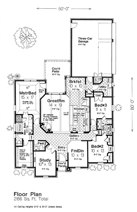 Country, European House Plan 66259 with 3 Beds, 3 Baths, 3 Car Garage First Level Plan