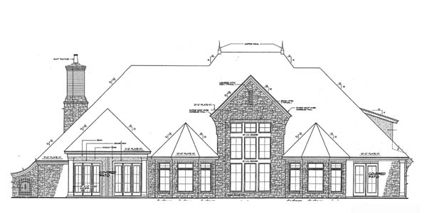 European, French Country Plan with 4392 Sq. Ft., 4 Bedrooms, 4 Bathrooms, 3 Car Garage Rear Elevation