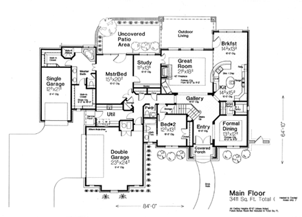 Country, European, French Country House Plan 66291 with 4 Beds, 3 Baths, 3 Car Garage First Level Plan