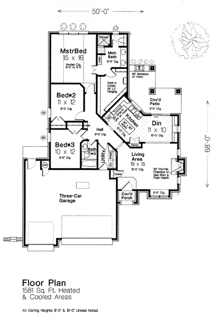 Country, European House Plan 66296 with 3 Beds, 2 Baths, 3 Car Garage First Level Plan