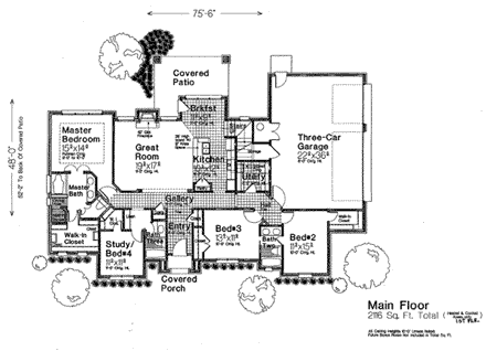 European House Plan 66297 with 4 Beds, 3 Baths, 3 Car Garage First Level Plan