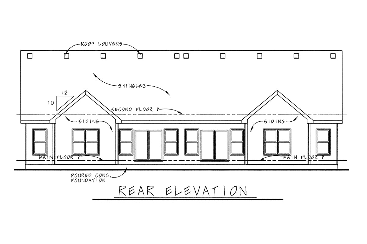 Craftsman Plan with 4090 Sq. Ft., 6 Bedrooms, 6 Bathrooms, 4 Car Garage Rear Elevation