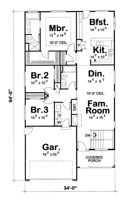 Craftsman House Plan 66419 with 3 Beds, 2 Baths, 2 Car Garage First Level Plan