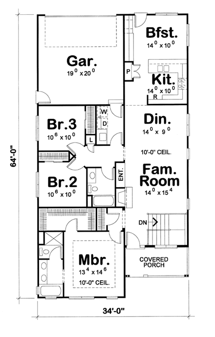 Craftsman House Plan 66420 with 3 Beds, 2 Baths, 2 Car Garage First Level Plan