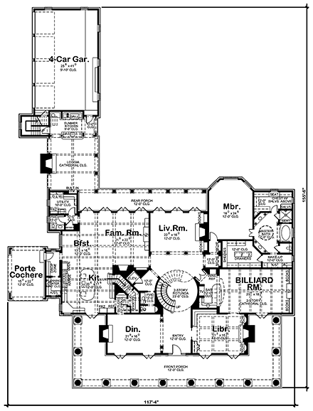 Colonial, Plantation House Plan 66446 with 5 Beds, 7 Baths, 4 Car Garage First Level Plan