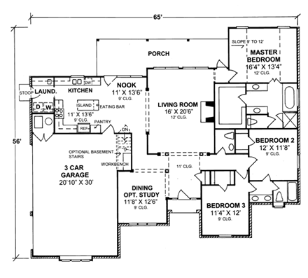 Traditional House Plan 66447 with 3 Beds, 2 Baths, 3 Car Garage First Level Plan