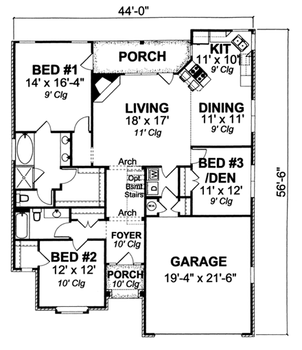 Traditional House Plan 66451 with 2 Beds, 2 Baths, 2 Car Garage First Level Plan