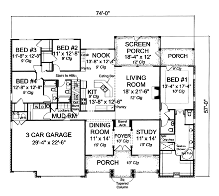 Traditional House Plan 66460 with 4 Beds, 4 Baths, 3 Car Garage First Level Plan
