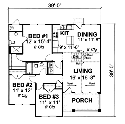 Traditional House Plan 66474 with 3 Beds, 2 Baths First Level Plan