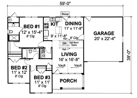 Traditional House Plan 66475 with 3 Beds, 2 Baths, 2 Car Garage First Level Plan