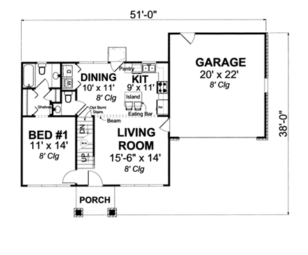 Bungalow, Craftsman House Plan 66493 with 3 Beds, 2 Baths, 2 Car Garage First Level Plan