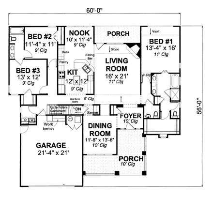 Bungalow, Craftsman House Plan 66498 with 3 Beds, 4 Baths, 2 Car Garage First Level Plan