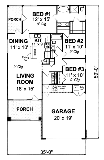 Bungalow, Traditional House Plan 66499 with 3 Beds, 2 Baths, 2 Car Garage First Level Plan