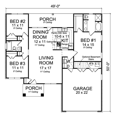 Traditional House Plan 66527 with 3 Beds, 2 Baths, 2 Car Garage First Level Plan