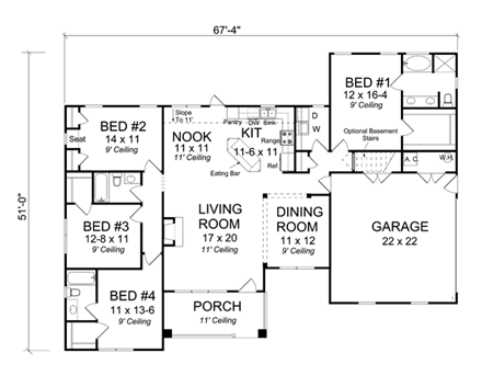 Traditional House Plan 66534 with 4 Beds, 3 Baths, 2 Car Garage First Level Plan