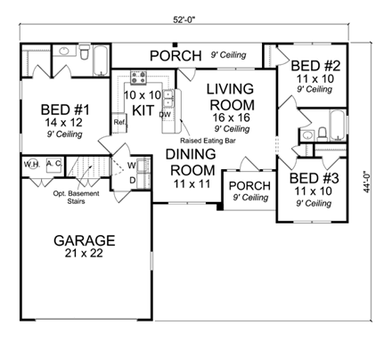 Ranch, Traditional House Plan 66547 with 3 Beds, 2 Baths, 2 Car Garage First Level Plan
