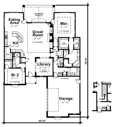 European House Plan 66566 with 2 Beds, 2 Baths, 2 Car Garage First Level Plan
