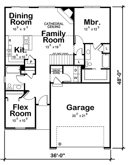 European House Plan 66577 with 2 Beds, 2 Baths, 2 Car Garage First Level Plan
