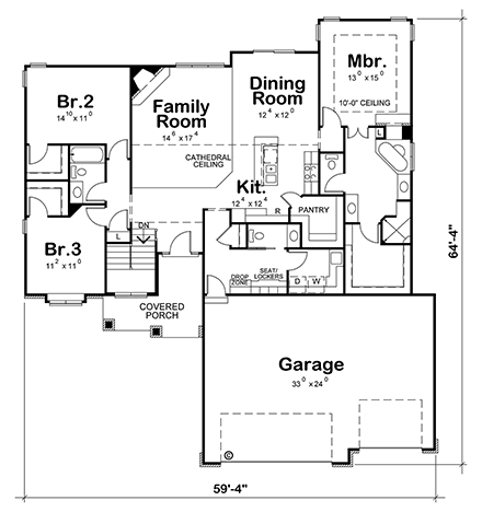 European House Plan 66597 with 3 Beds, 3 Baths, 3 Car Garage First Level Plan