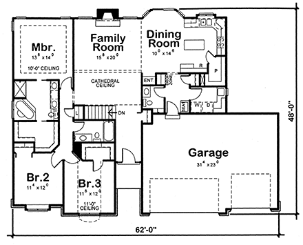 European House Plan 66600 with 3 Beds, 3 Baths, 3 Car Garage First Level Plan