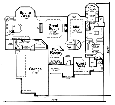 European House Plan 66602 with 2 Beds, 3 Baths, 3 Car Garage First Level Plan