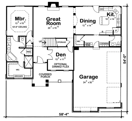 European House Plan 66603 with 4 Beds, 3 Baths, 3 Car Garage First Level Plan