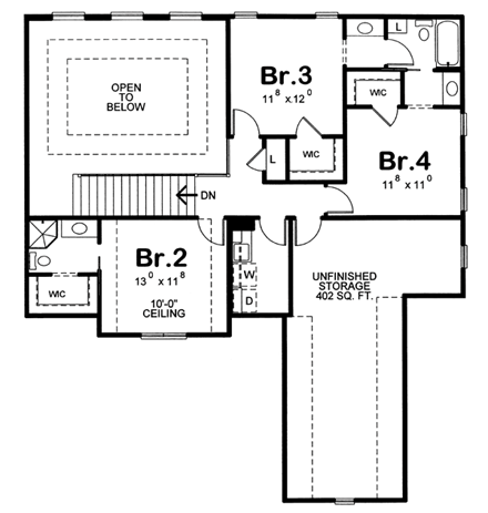 European House Plan 66603 with 4 Beds, 3 Baths, 3 Car Garage Second Level Plan