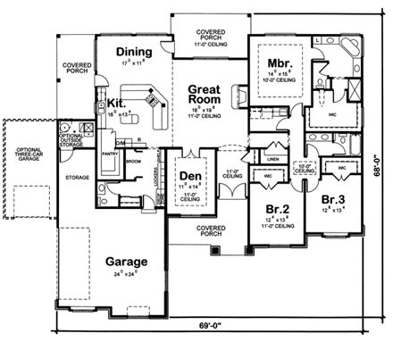 European House Plan 66605 with 3 Beds, 3 Baths, 3 Car Garage First Level Plan