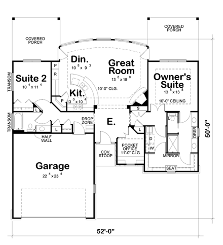Country, European House Plan 66624 with 2 Beds, 2 Baths, 2 Car Garage First Level Plan