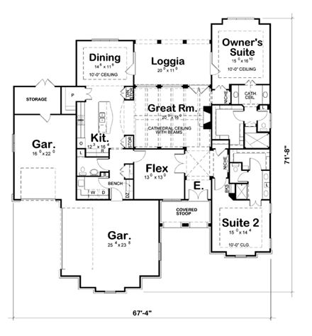 Country, European House Plan 66625 with 2 Beds, 2 Baths, 3 Car Garage First Level Plan