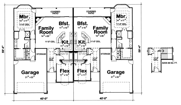 Traditional Multi-Family Plan 66646 with 4 Beds, 4 Baths, 4 Car Garage Level One