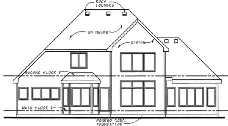 Country, European Plan with 2476 Sq. Ft., 3 Bedrooms, 3 Bathrooms, 3 Car Garage Rear Elevation