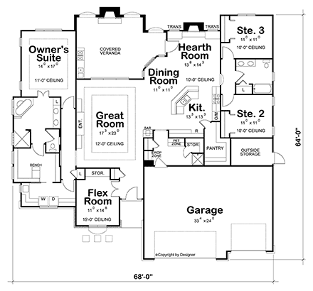 Contemporary, European, Southwest House Plan 66723 with 3 Beds, 2 Baths, 3 Car Garage First Level Plan