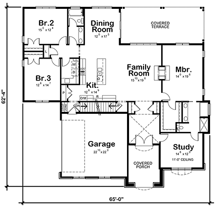 European, French Country, Southern House Plan 66784 with 3 Beds, 2 Baths, 2 Car Garage First Level Plan