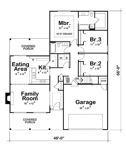Ranch, Traditional House Plan 66790 with 2 Beds, 2 Baths, 2 Car Garage First Level Plan