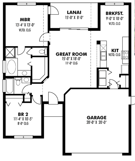 Florida House Plan 66802 with 2 Beds, 2 Baths, 2 Car Garage First Level Plan