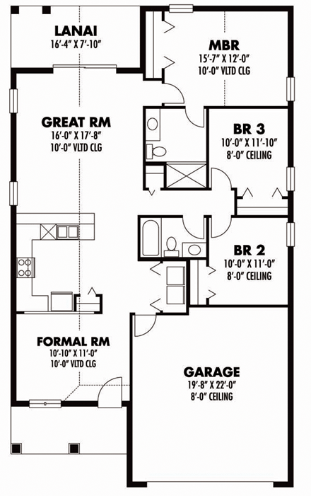 Florida House Plan 66807 with 3 Beds, 2 Baths, 2 Car Garage First Level Plan