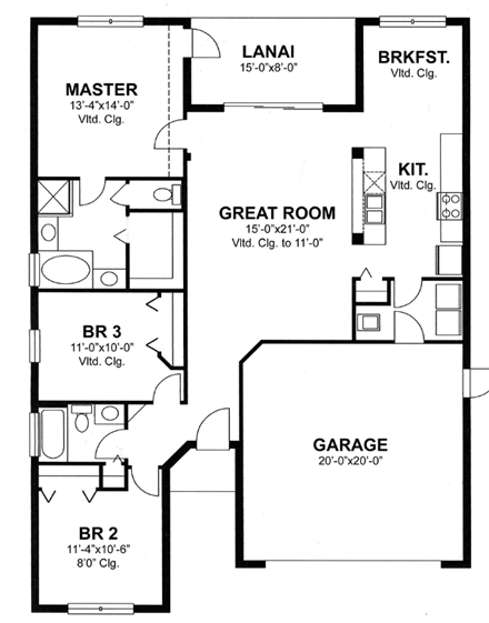 Florida House Plan 66808 with 3 Beds, 2 Baths, 2 Car Garage First Level Plan